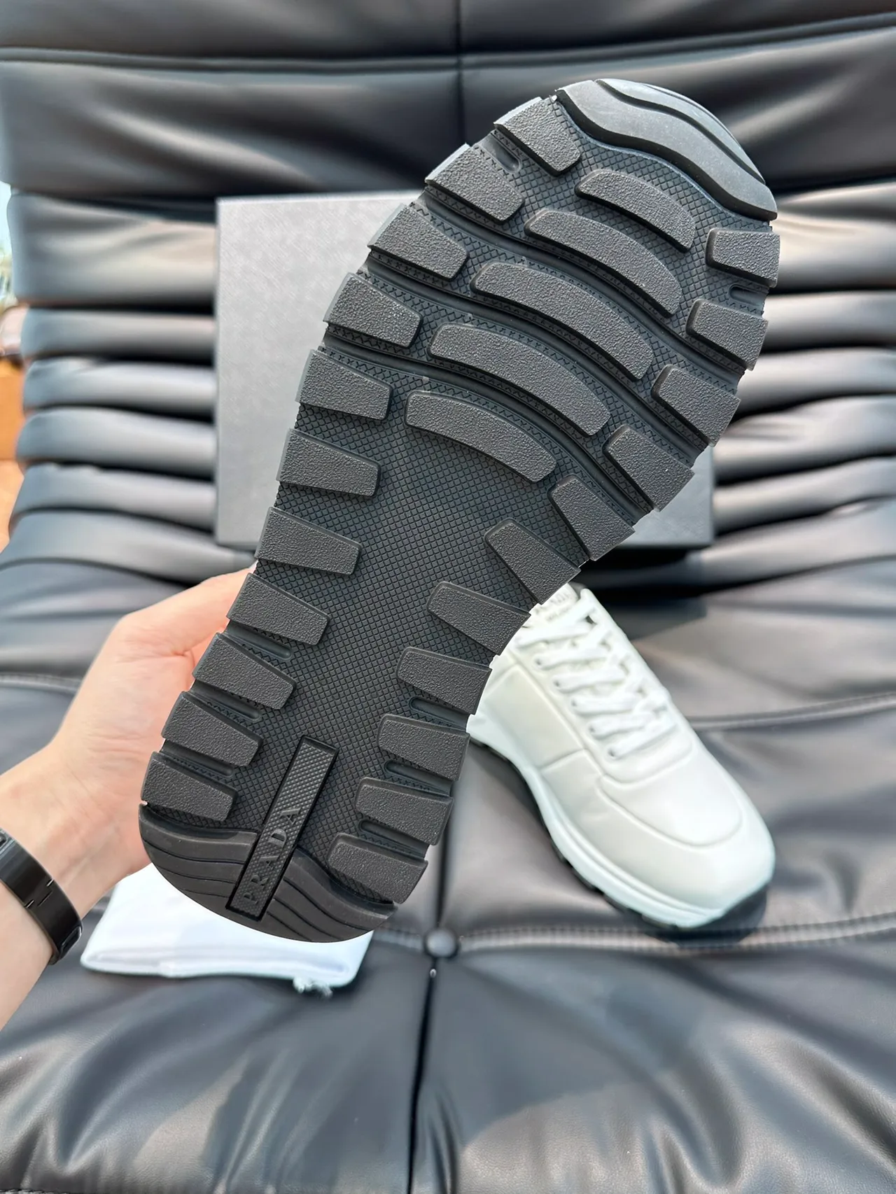 Prada White Black Leather Upper Triangular Metal Logo Plaque Lifestyle Sneakers 2