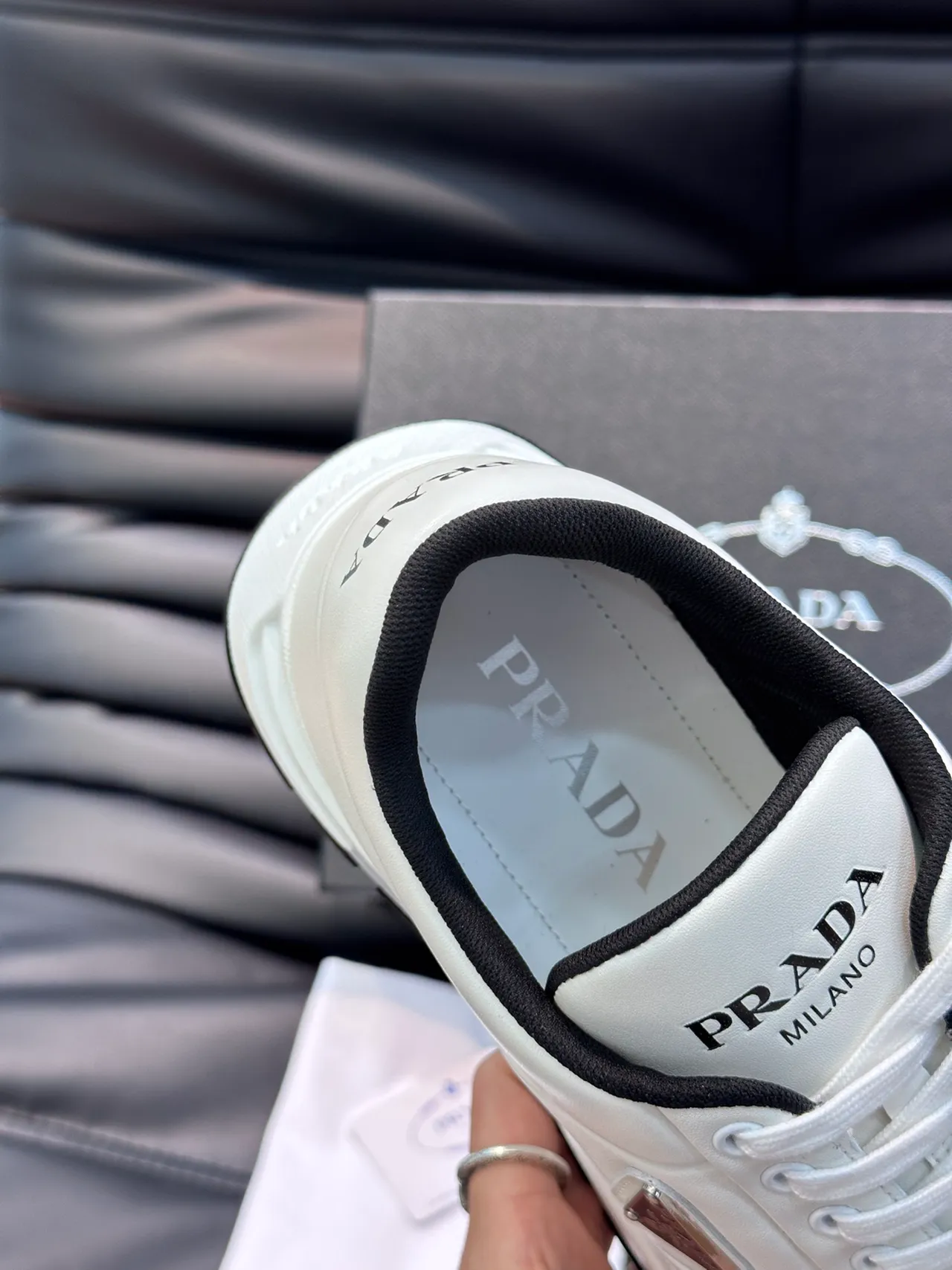 Prada White Black Leather Upper Triangular Metal Logo Plaque Lifestyle Sneakers 3