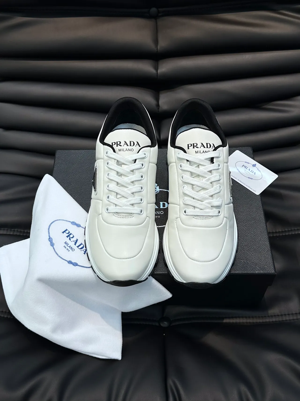 Prada White Black Leather Upper Triangular Metal Logo Plaque Lifestyle Sneakers 4