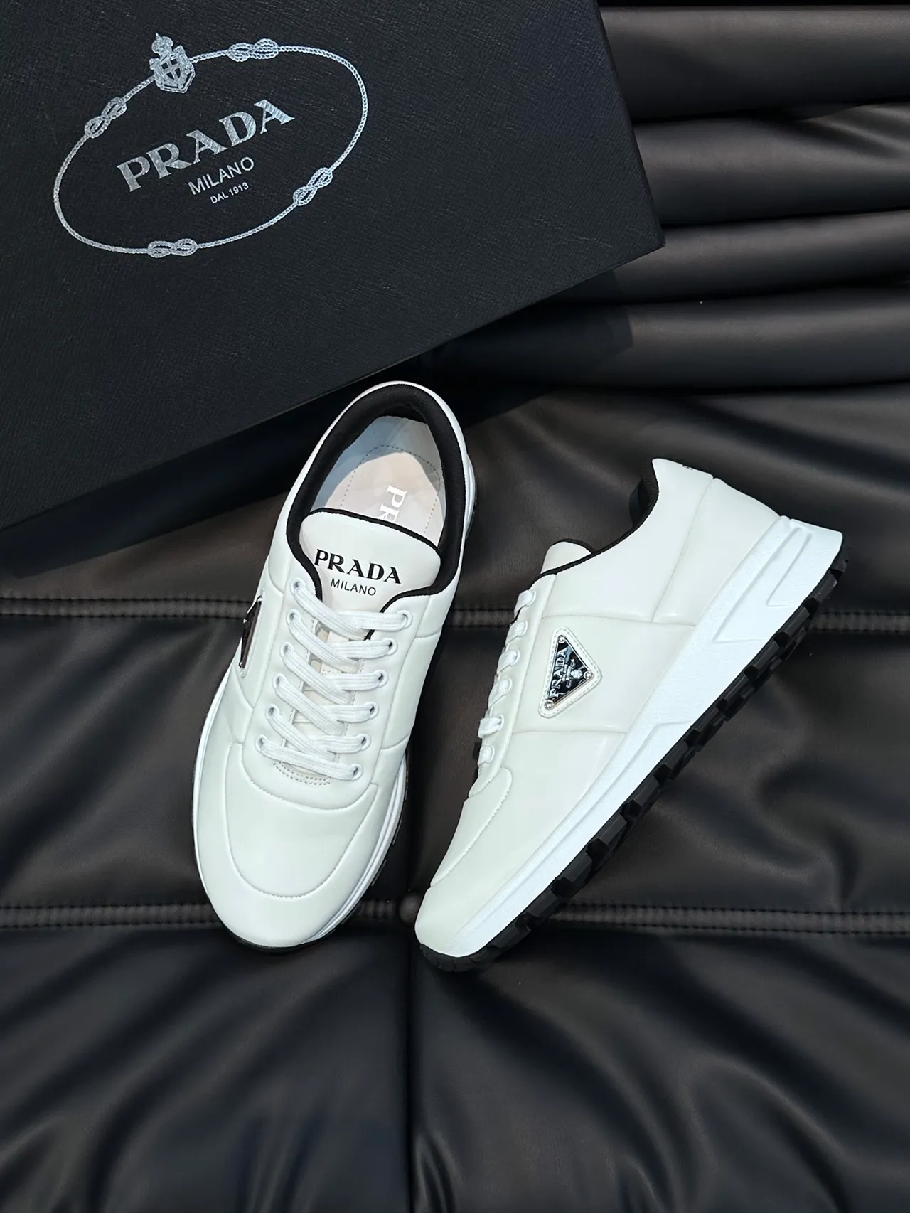 Prada White Black Leather Upper Triangular Metal Logo Plaque Lifestyle Sneakers 5