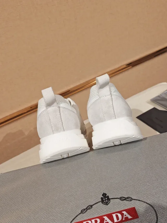 Prada White Gray Mesh And Suede Paneling Triangular Logo Plaque Chunky Sneakers 3