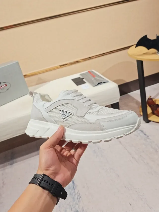 Prada White Gray Mesh And Suede Paneling Triangular Logo Plaque Chunky Sneakers 4