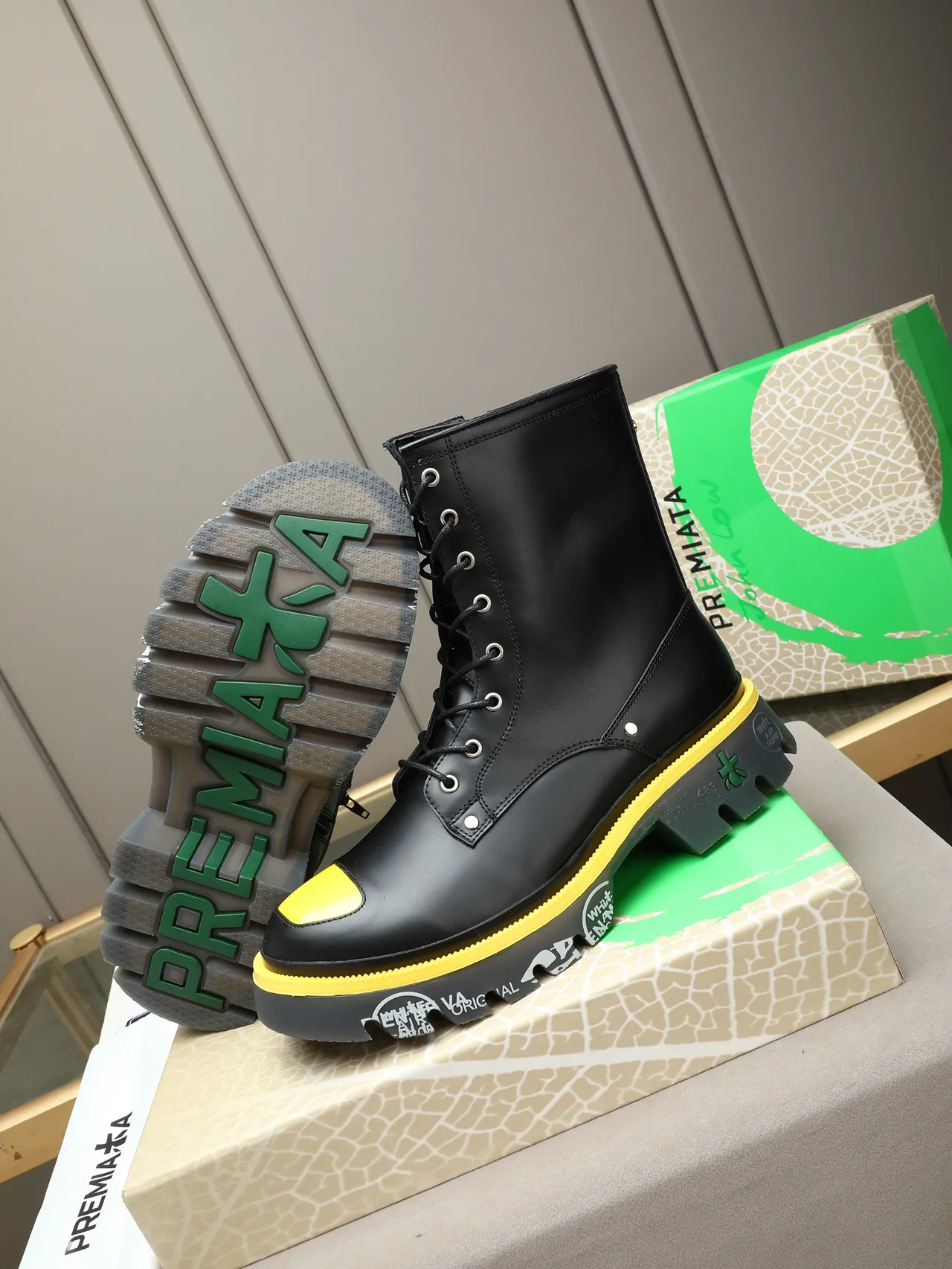 Premiata Black Yellow Leather Upper Midsole Accent Martin Boots 5