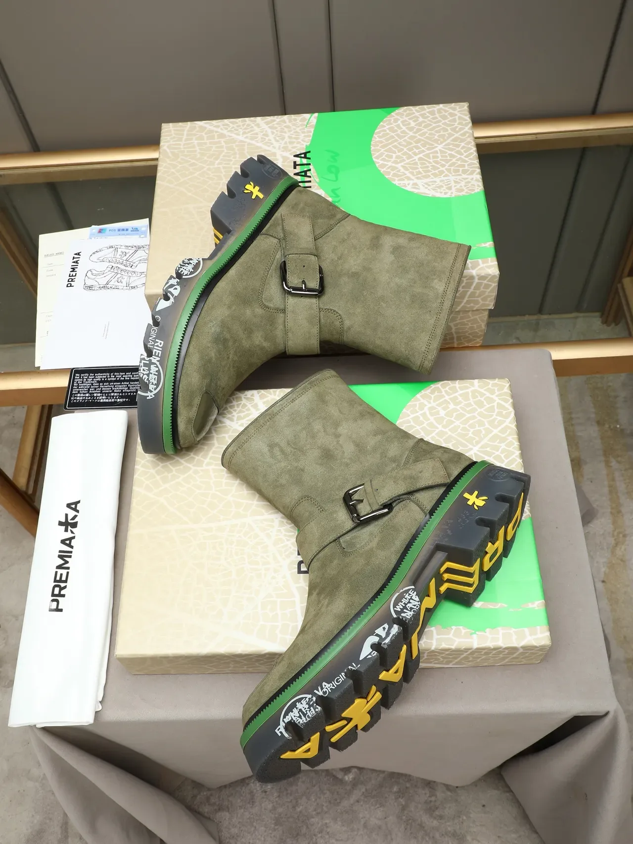 Premiata Buckle Strap Boot Army Green Suede Upper Ankle Boots 2