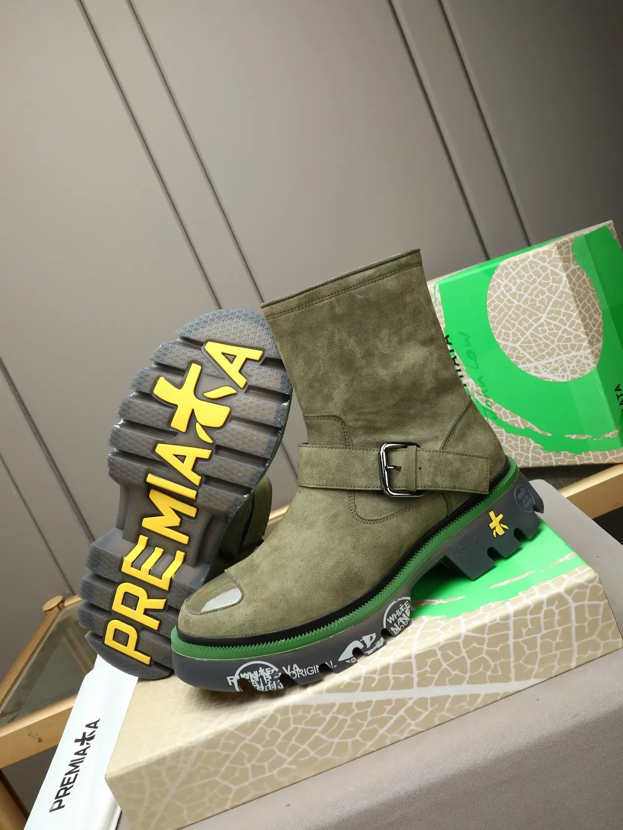 Premiata Buckle Strap Boot Army Green Suede Upper Ankle Boots 4