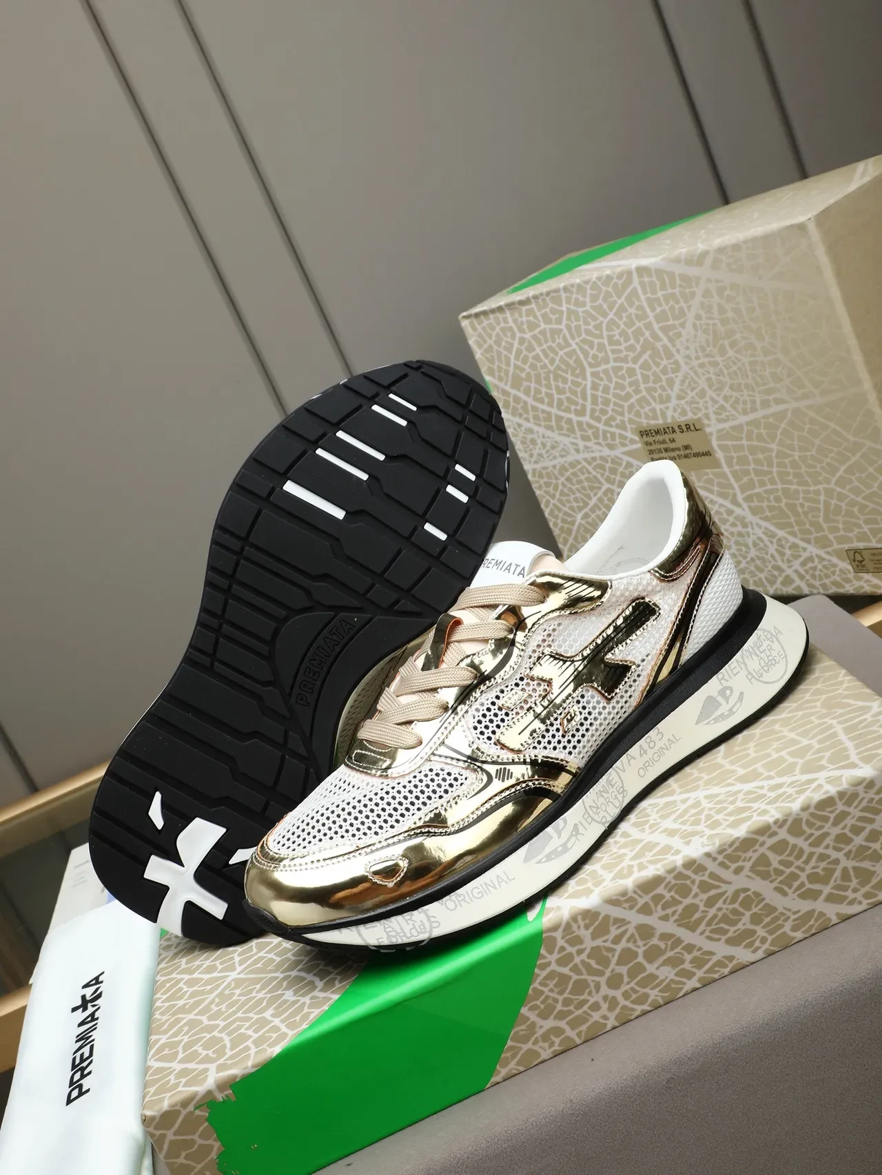 Premiata White Gold Metallic Accents Perforated Mesh Upper Sneakers 5