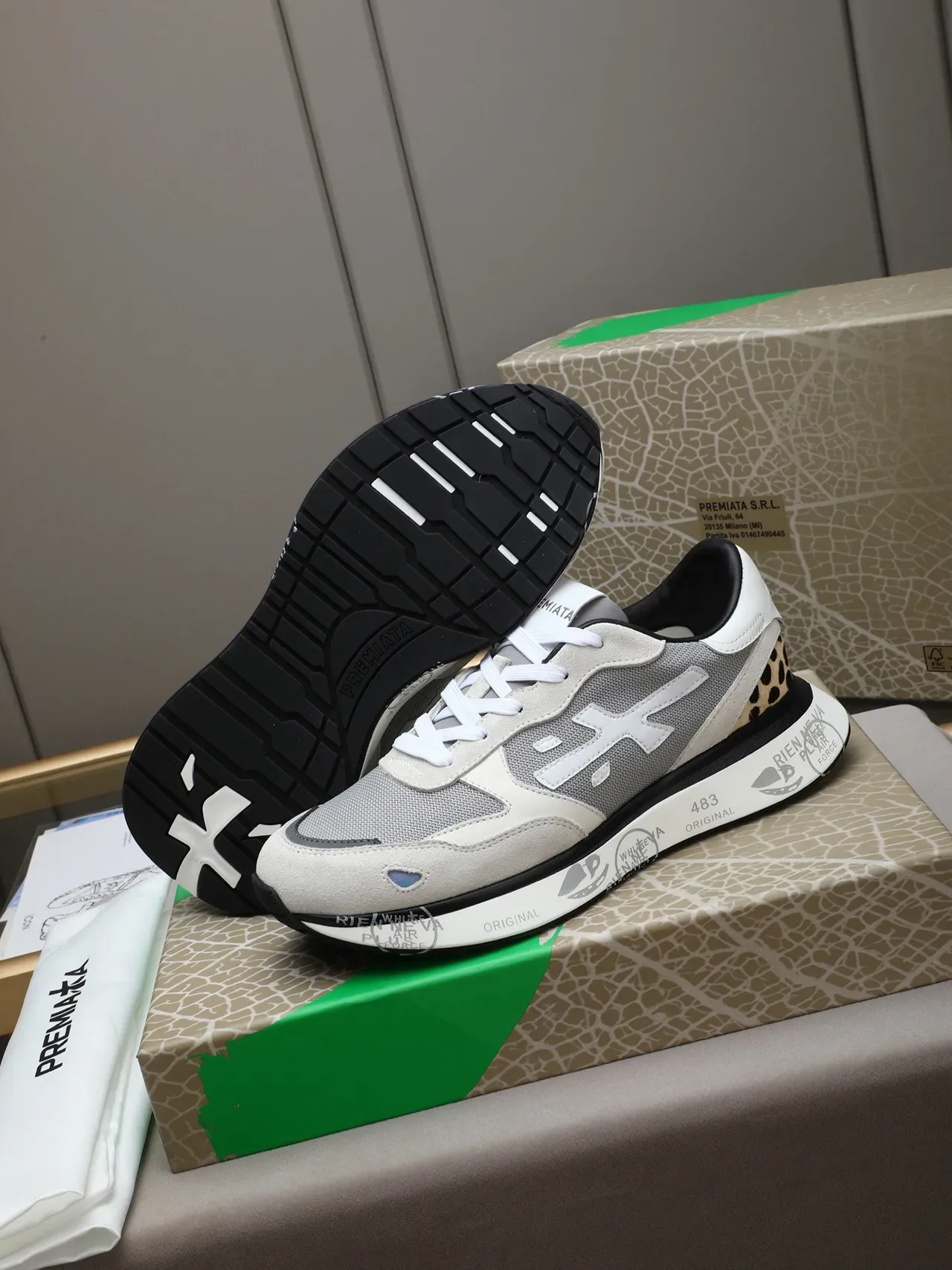 Premiata White Gray Mixed-Material Upper Leopard-Print Heel Accent Sneakers 5