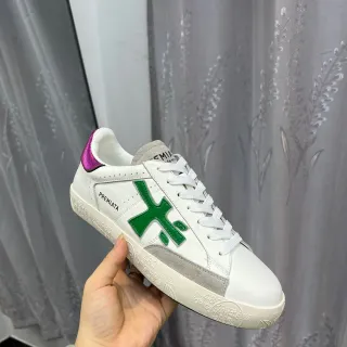 Premiata White Green Low-Top Leather-Suede Hybrid Lifestyle Sneakers