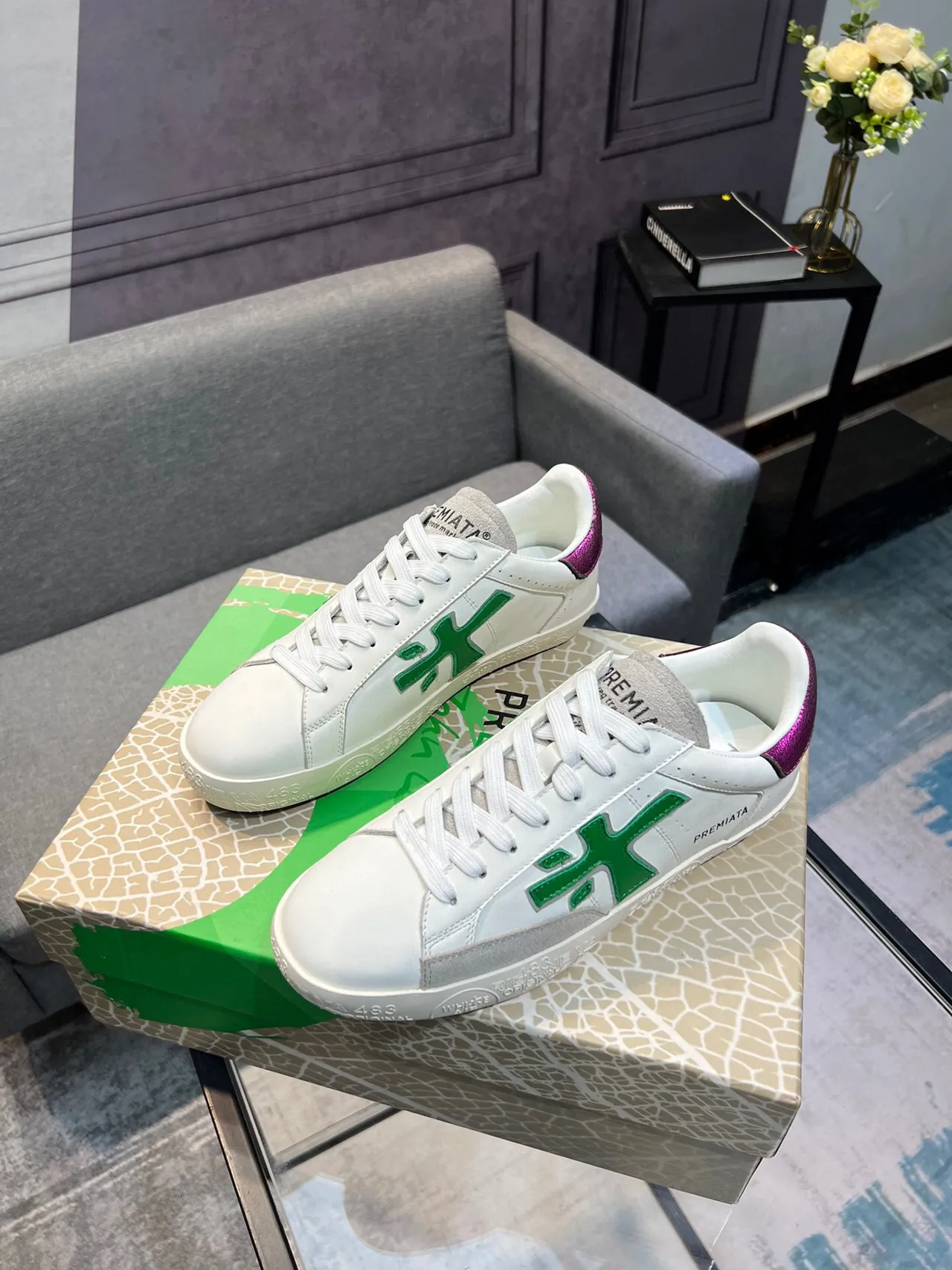 Premiata White Green Low-Top Leather-Suede Hybrid Lifestyle Sneakers 3