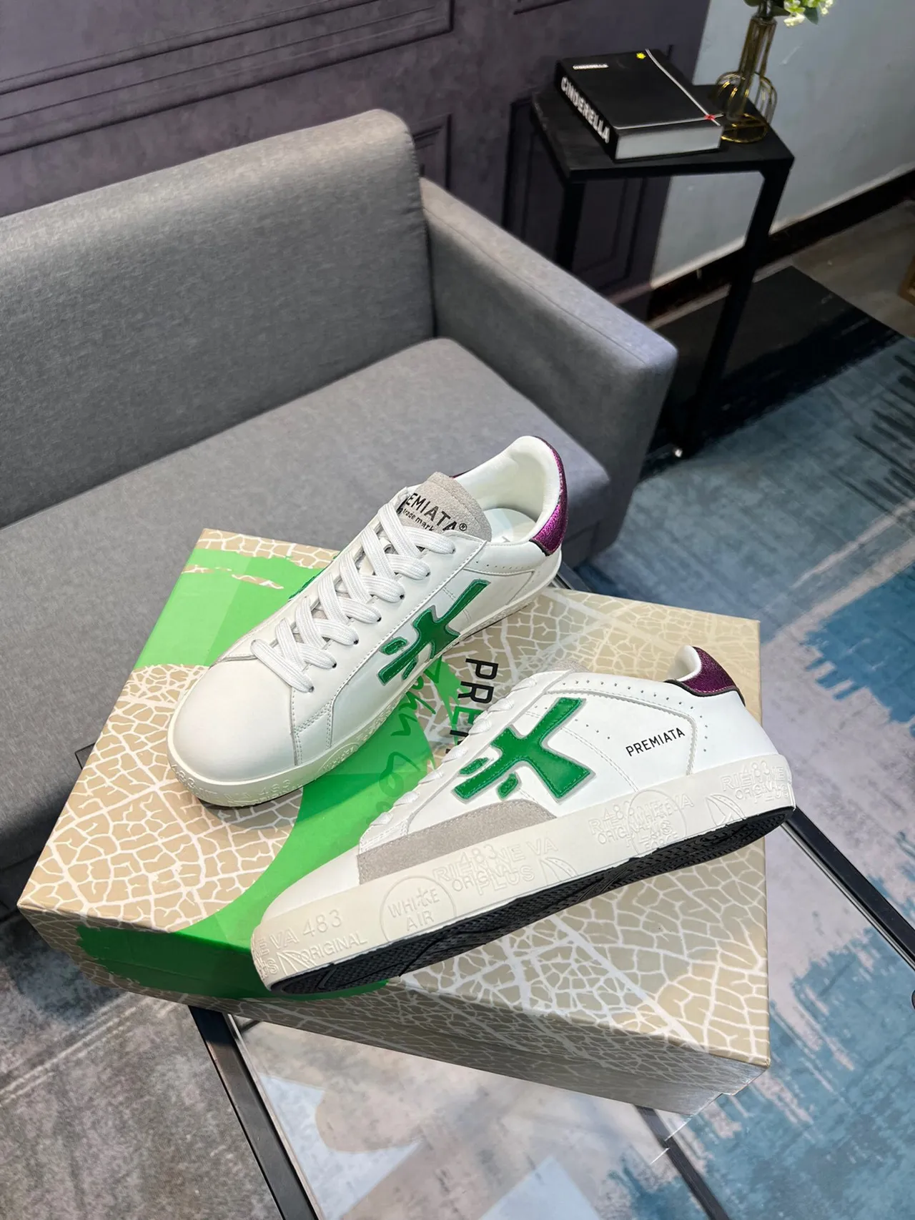 Premiata White Green Low-Top Leather-Suede Hybrid Lifestyle Sneakers 4