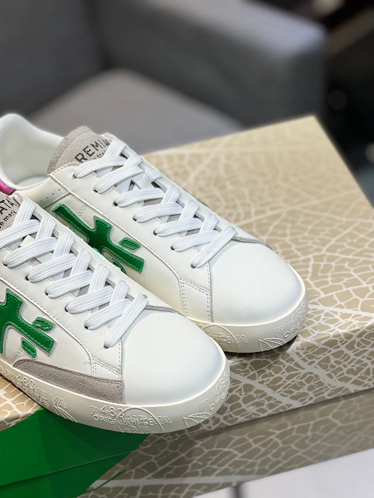 Premiata White Green Low-Top Leather-Suede Hybrid Lifestyle Sneakers 8