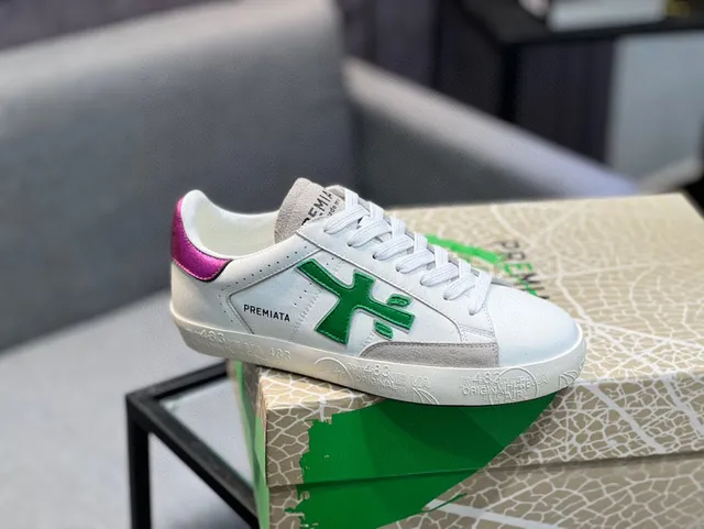 Premiata White Green Low-Top Leather-Suede Hybrid Lifestyle Sneakers 9