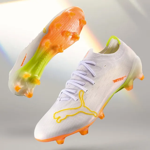 Puma Nitro Blanc Orange Coupe Basse Upper Tricot Dégradé Semelle Translucide Firm-Ground Chaussures de Football 7
