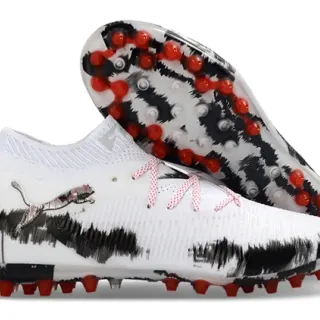 Puma White Black High-Cut Knit Collar Brushstroke Graphic Firm-Ground Soccer Shoes