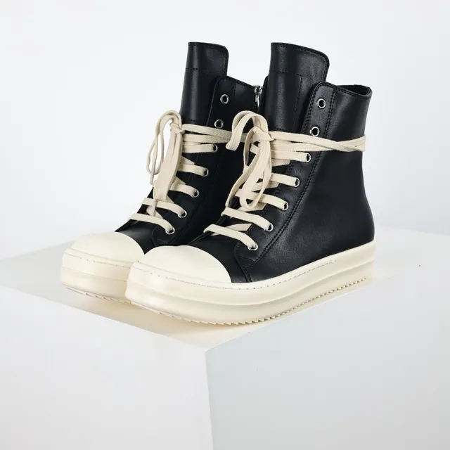 Rick Owens Black Beige High-Top Leather Upper Lifestyle Sneakers 2