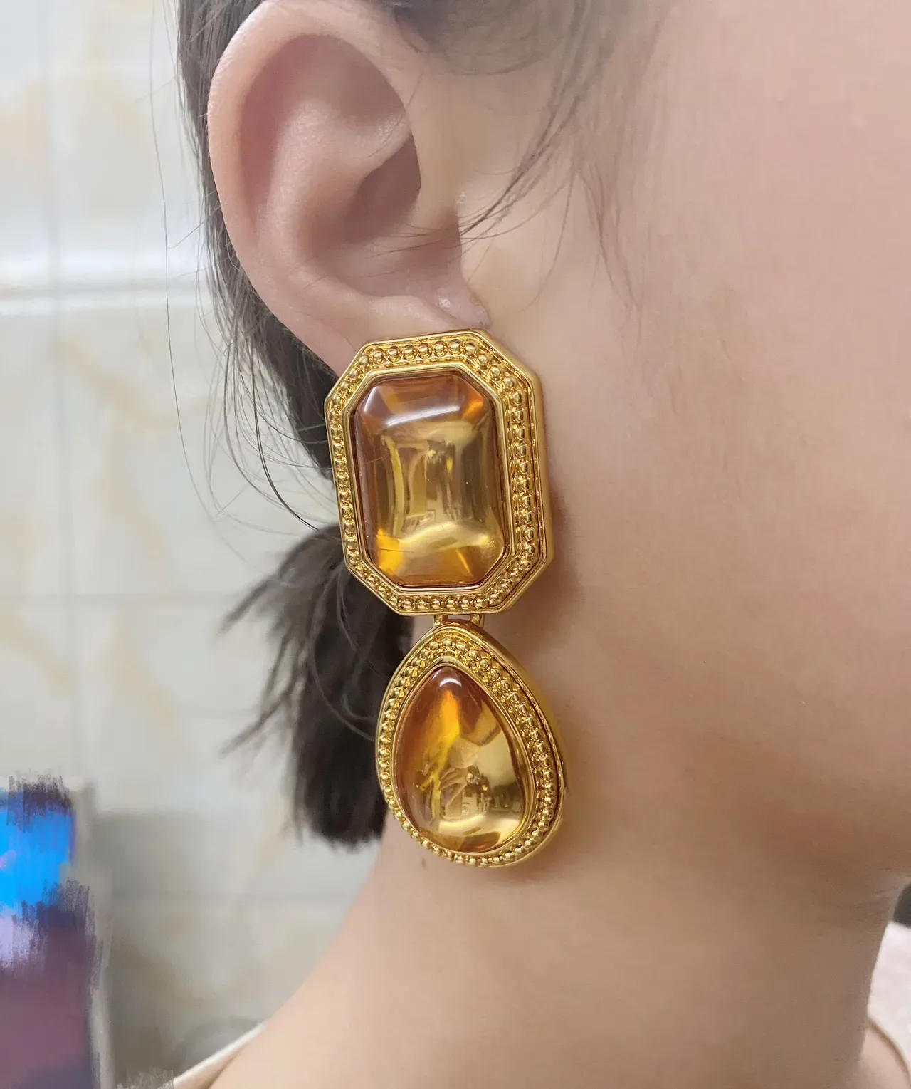 Saint Laurent Boucles d'oreilles Résine Ambre Dual-Stone Drop 3