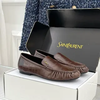 Saint Laurent Brown Gold Moc-Toe Stitching Textured Leather Loafer