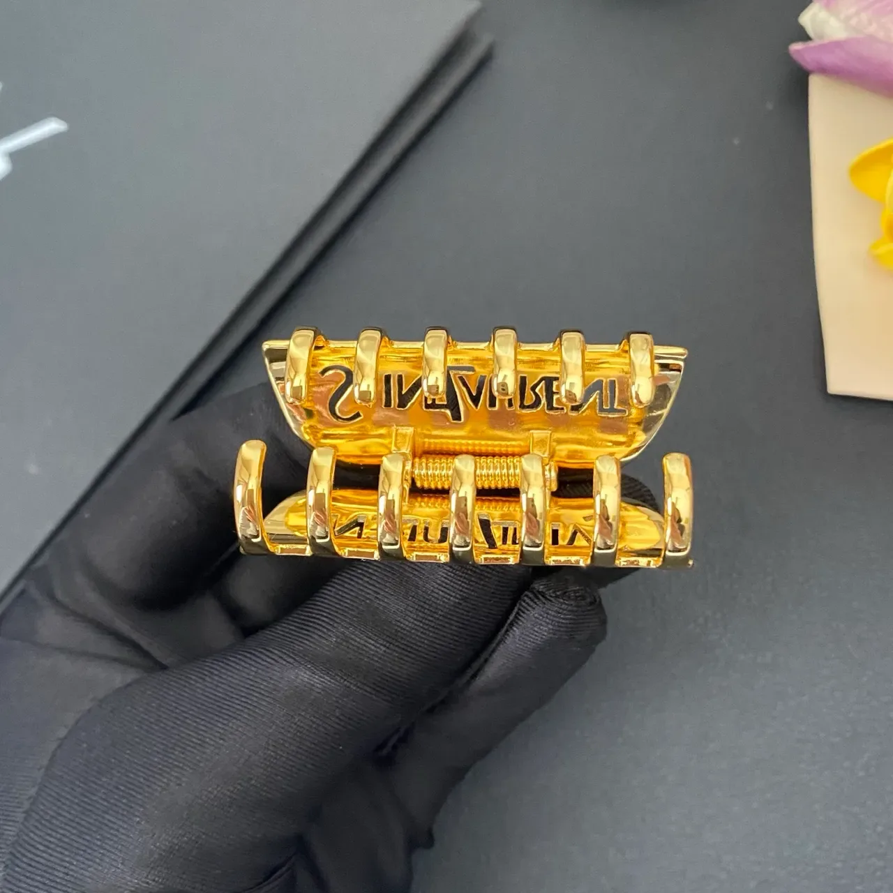 Saint Laurent Gold Polished Metal Engraved Branding Brooch 4