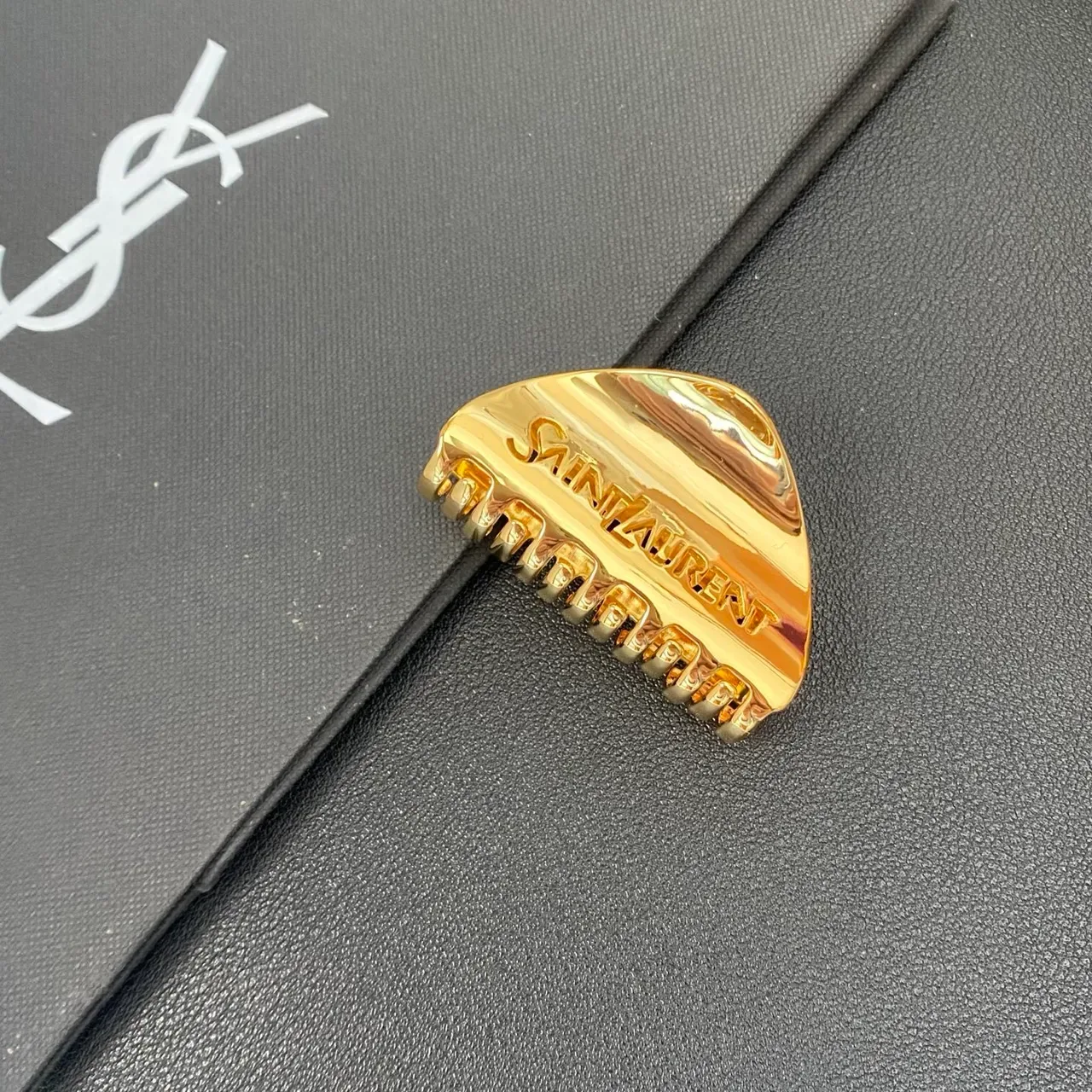 Saint Laurent Gold Polished Metal Engraved Branding Brooch 6