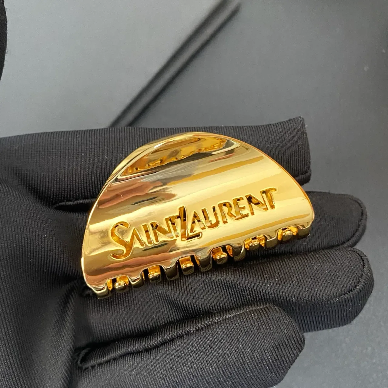 Saint Laurent Gold Polished Metal Engraved Branding Brooch 7