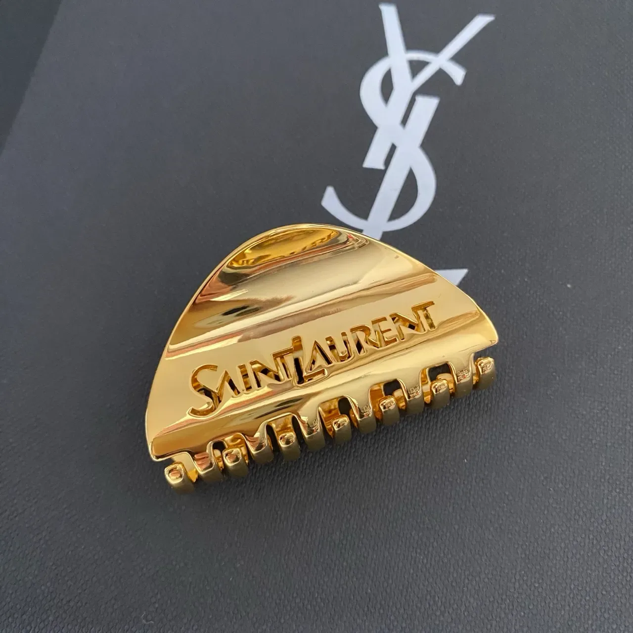 Saint Laurent Gold Polished Metal Engraved Branding Brooch 8