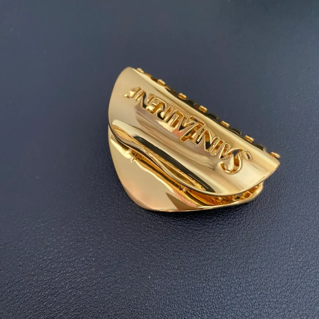 Saint Laurent Gold Polished Metal Engraved Branding Brooch 9