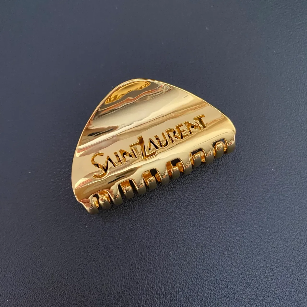 Saint Laurent Gold Polished Metal Engraved Branding Brooch 10
