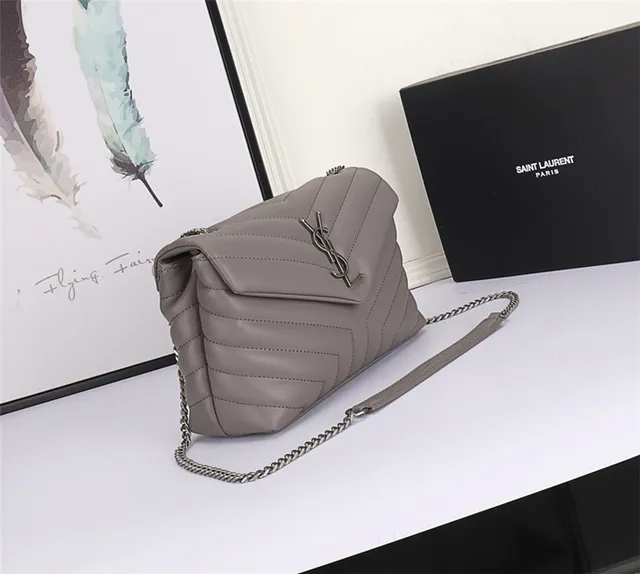 Saint Laurent Loulou Taupe Gray Quilted Chain Bag 9