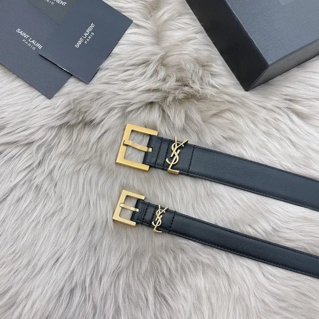 Ceinture Saint Laurent Monogram Noir Doré Fin YSL Boucle Cuir 4