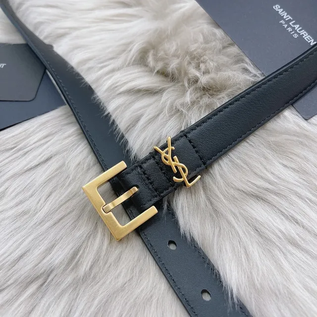 Ceinture Saint Laurent Monogram Noir Doré Fin YSL Boucle Cuir 8