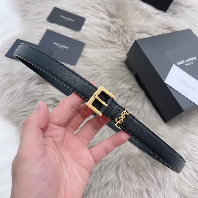 Ceinture Saint Laurent Monogram Noir Doré Fin YSL Boucle Cuir 9