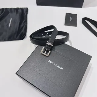 Saint Laurent Monogram 黑色 银色 窄矩形扣头 皮革带
