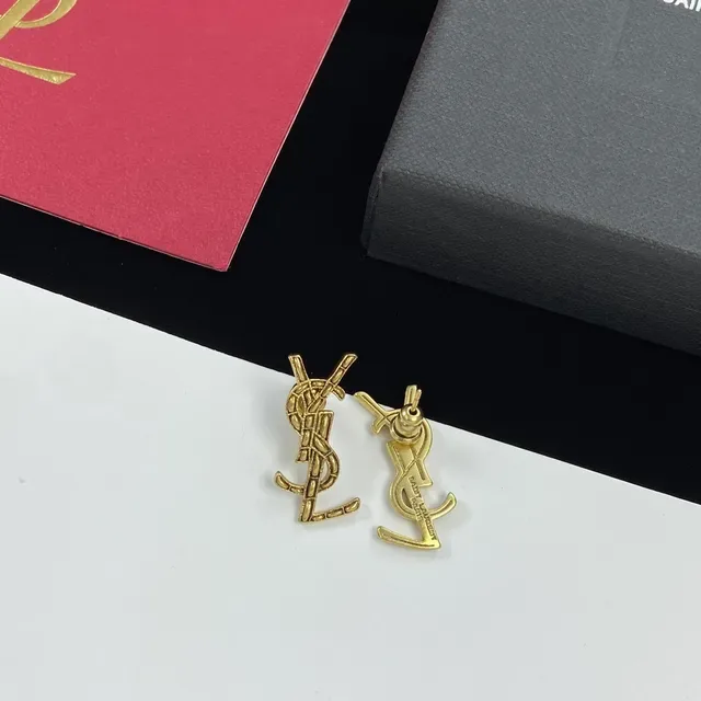 Saint Laurent Monogram Gold Silver Logo Stud Earrings 2