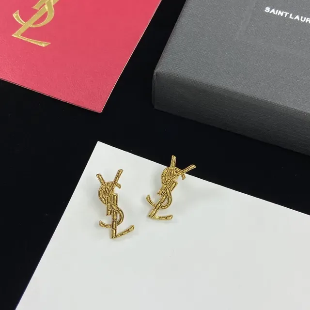 Saint Laurent Monogram Gold Silver Logo Stud Earrings 3
