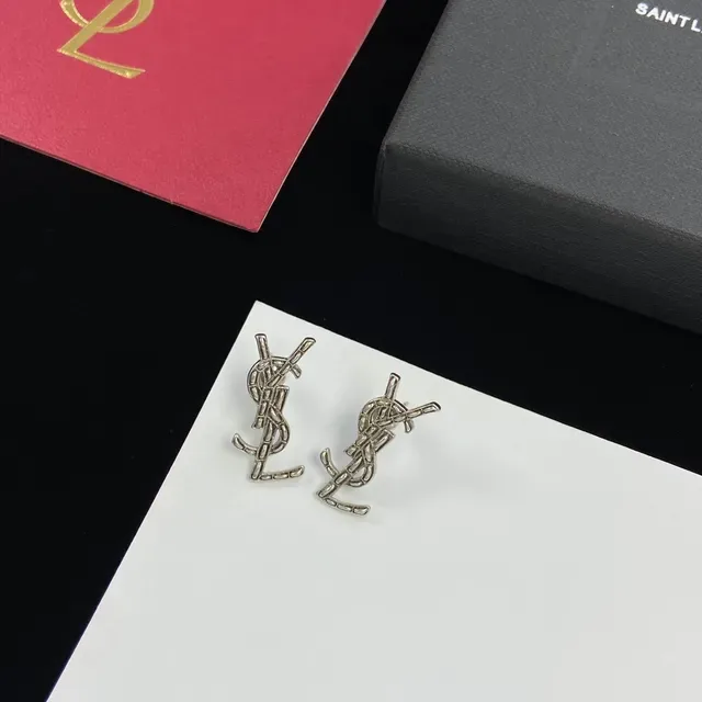 Saint Laurent Monogram Gold Silver Logo Stud Earrings 4