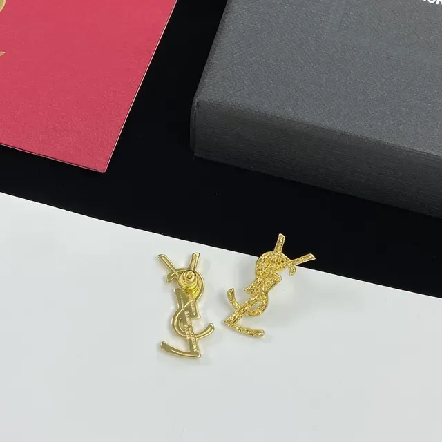 Saint Laurent Monogram Gold Silver Logo Stud Earrings 6