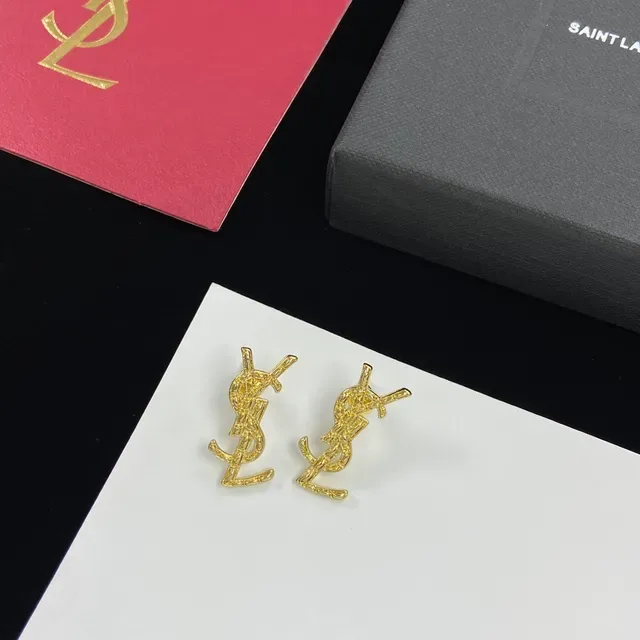 Saint Laurent Monogram Gold Silver Logo Stud Earrings 7
