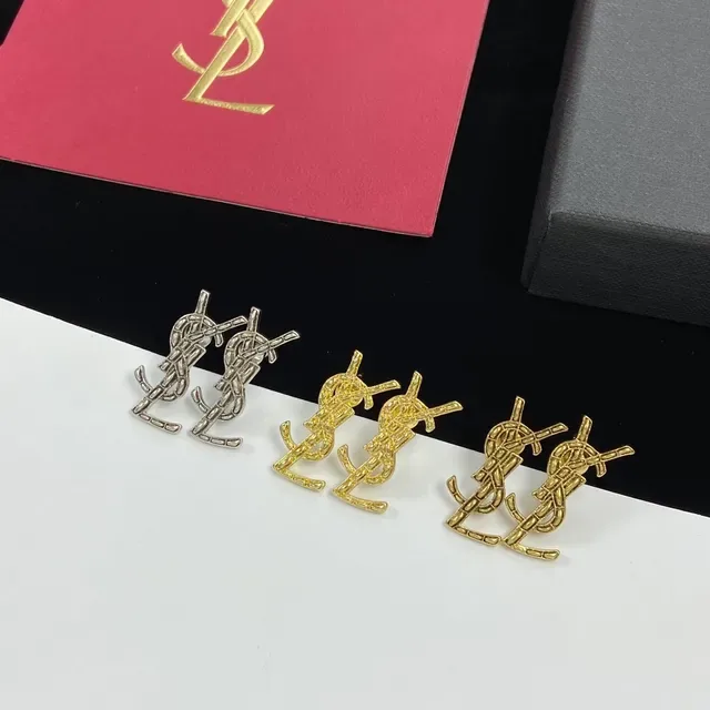 Saint Laurent Monogram Gold Silver Logo Stud Earrings 8