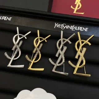 Saint Laurent Monogram चांदी सोना पैवे-क्रिस्टल ब्रोच