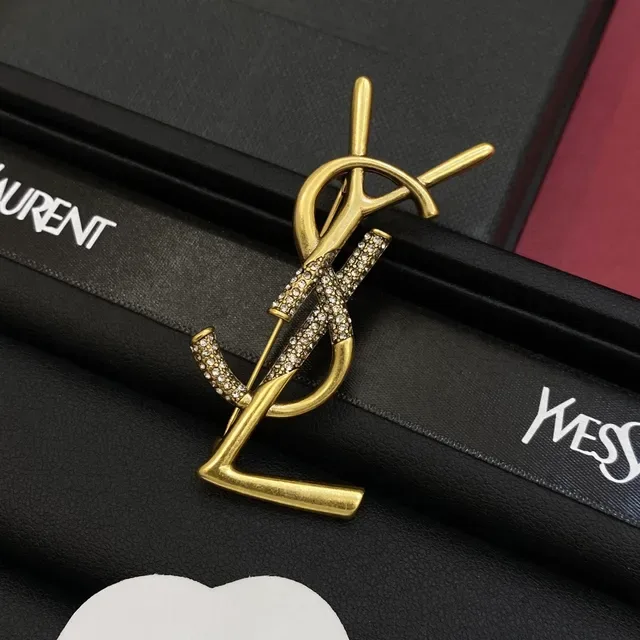 Saint Laurent Monogram فضة ذهب Pavé-Crystal بروش 6