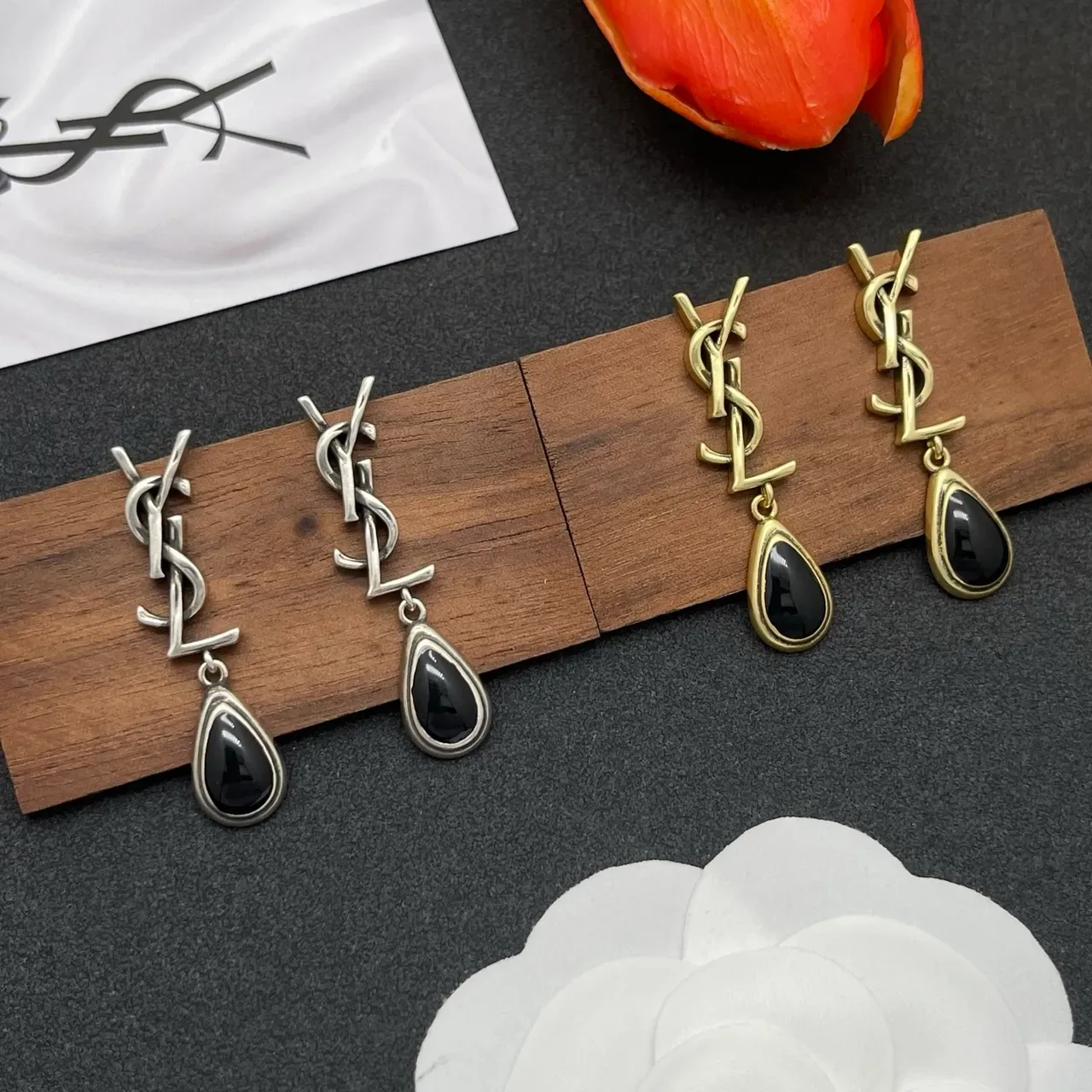 Saint Laurent Monogram Teardrop Black Stone Earrings 2