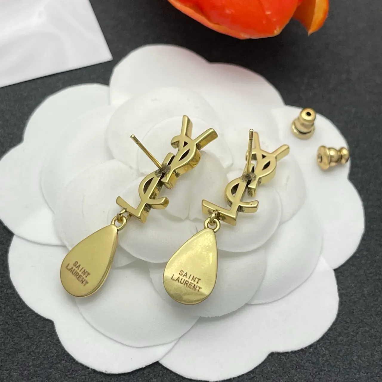 Saint Laurent Monogram Teardrop Black Stone Earrings 3