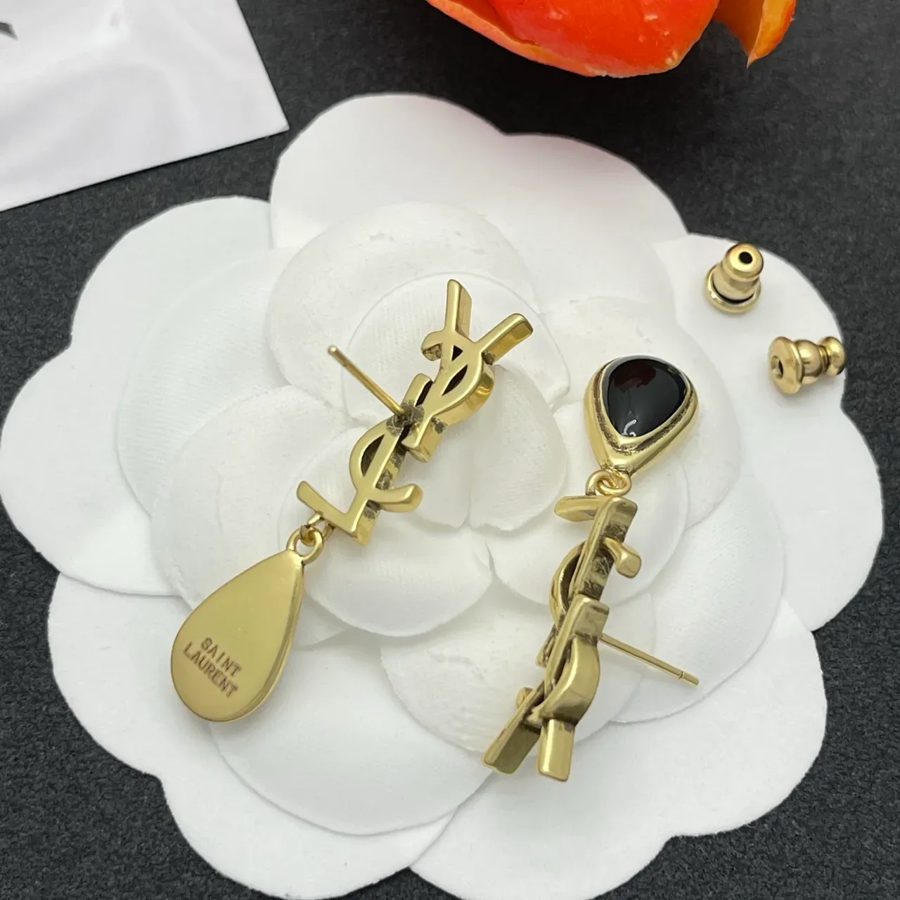 Saint Laurent Monogram Teardrop Black Stone Earrings 4