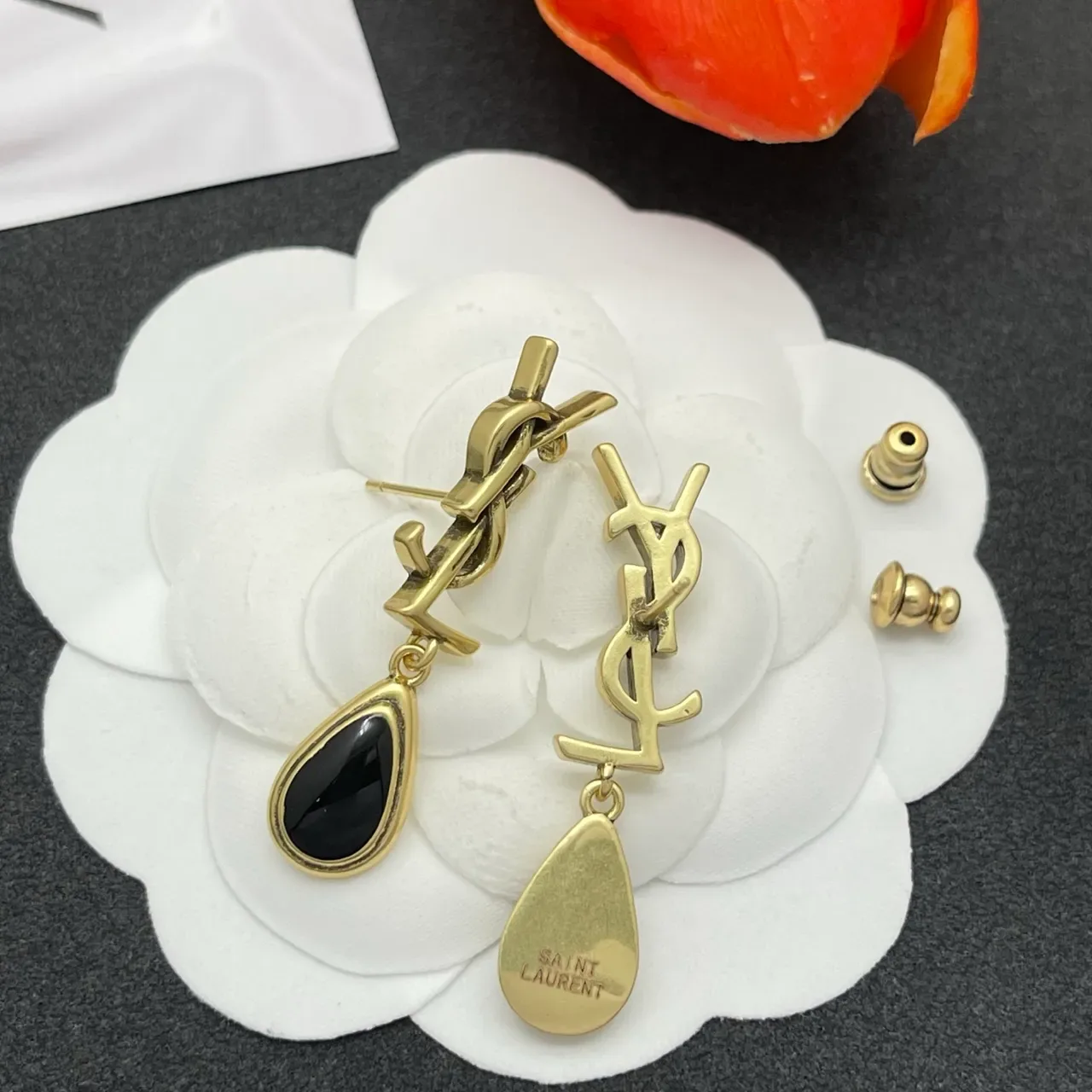 Saint Laurent Monogram Teardrop Black Stone Earrings 5