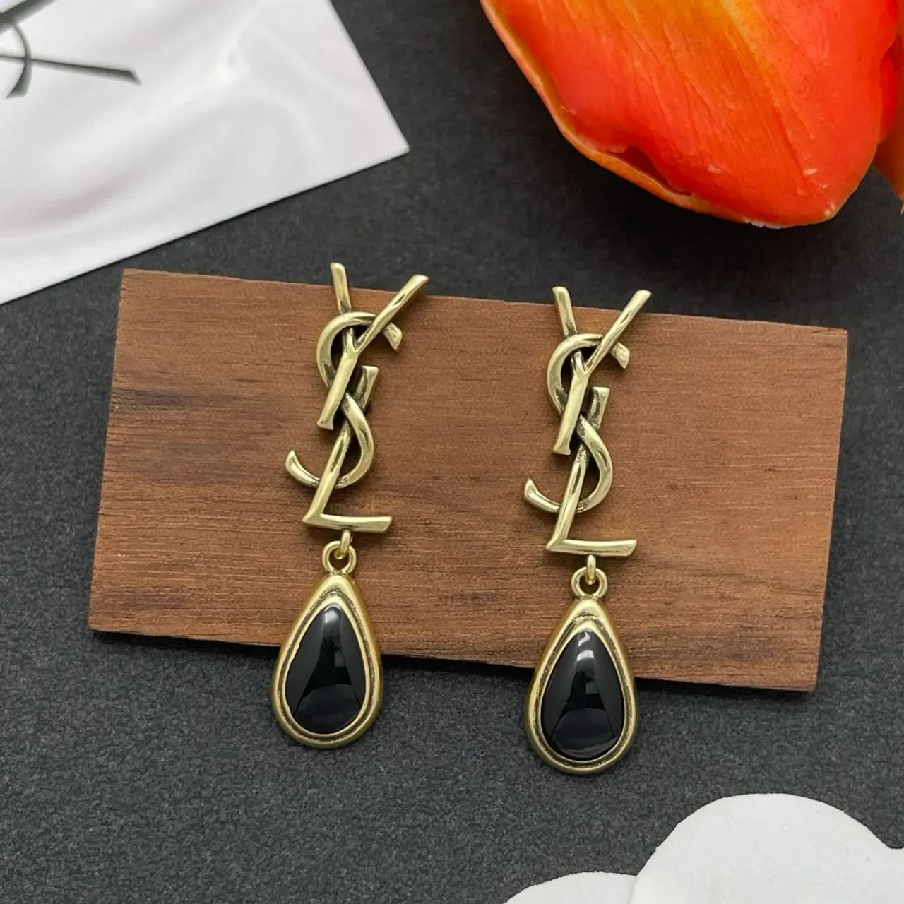 Saint Laurent Monogram Teardrop Black Stone Earrings 7