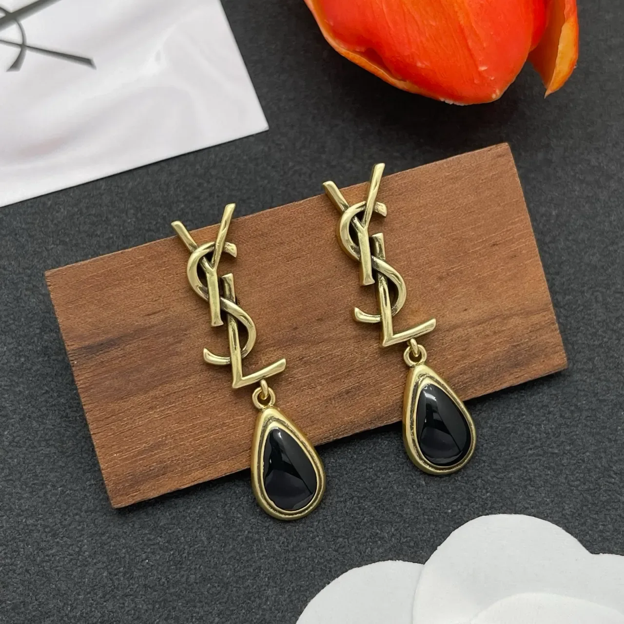 Saint Laurent Monogram Teardrop Black Stone Earrings 8