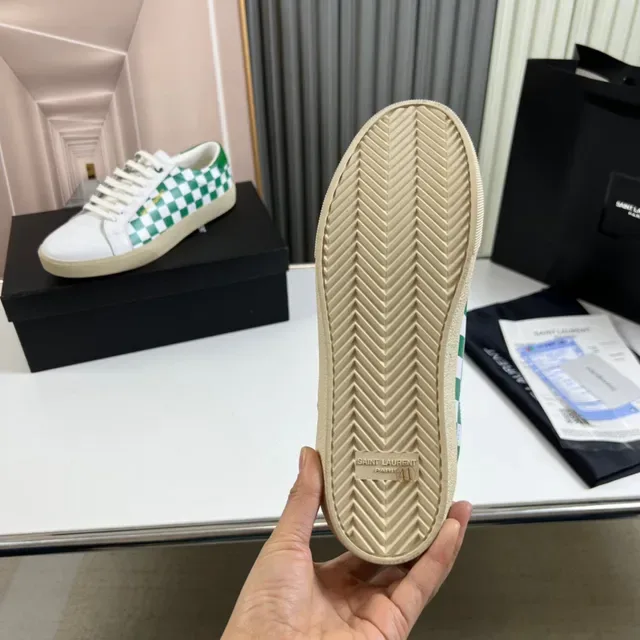 Saint Laurent White Green Checkerboard Panel Gold Logo Lifestyle Sneakers 3