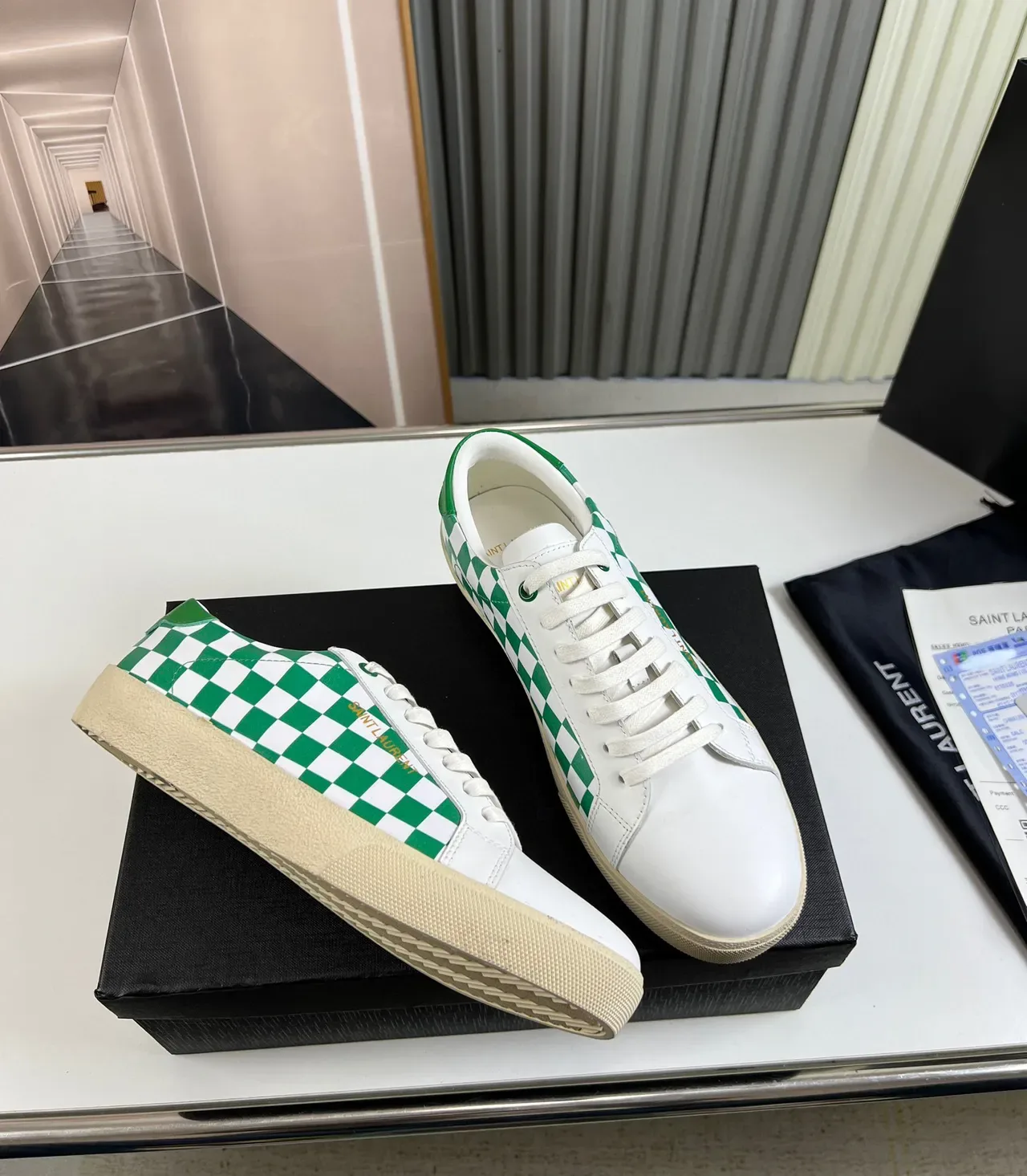 Saint Laurent White Green Checkerboard Panel Gold Logo Lifestyle Sneakers 4