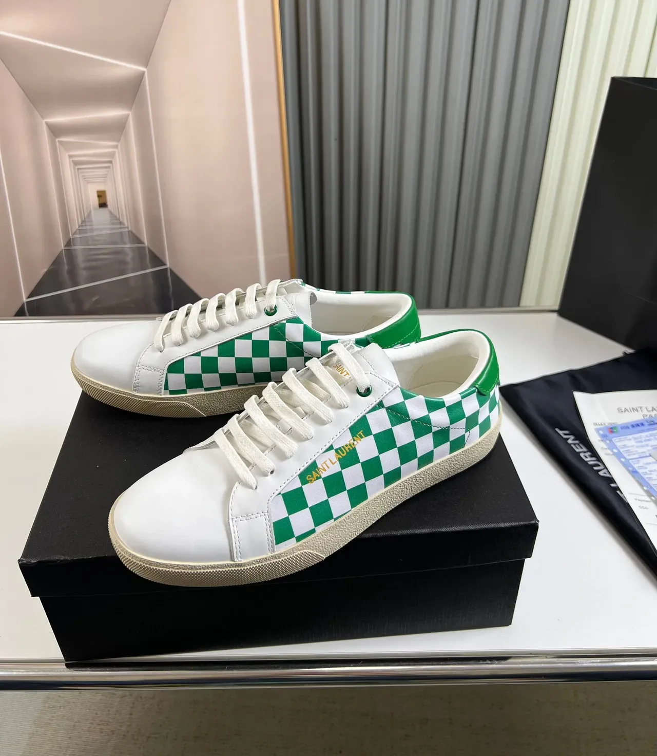 Saint Laurent White Green Checkerboard Panel Gold Logo Lifestyle Sneakers 7