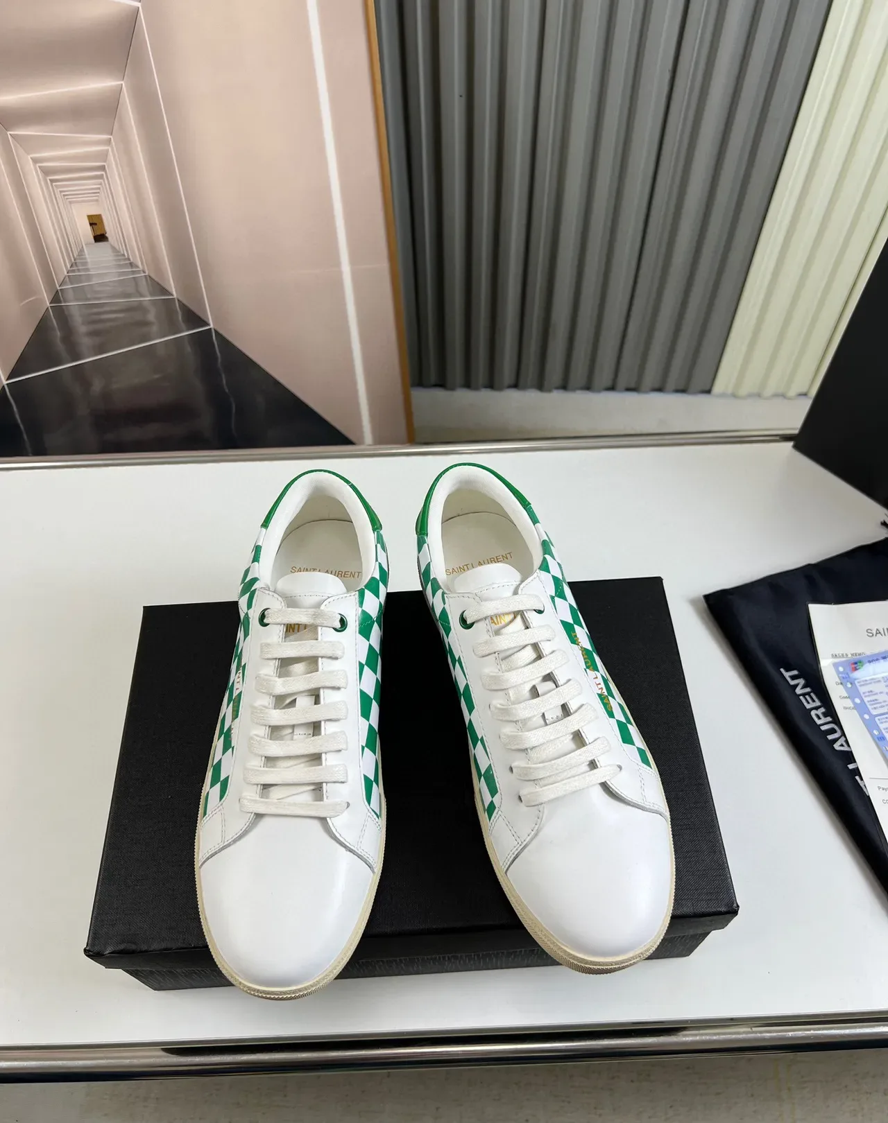 Saint Laurent White Green Checkerboard Panel Gold Logo Lifestyle Sneakers 8